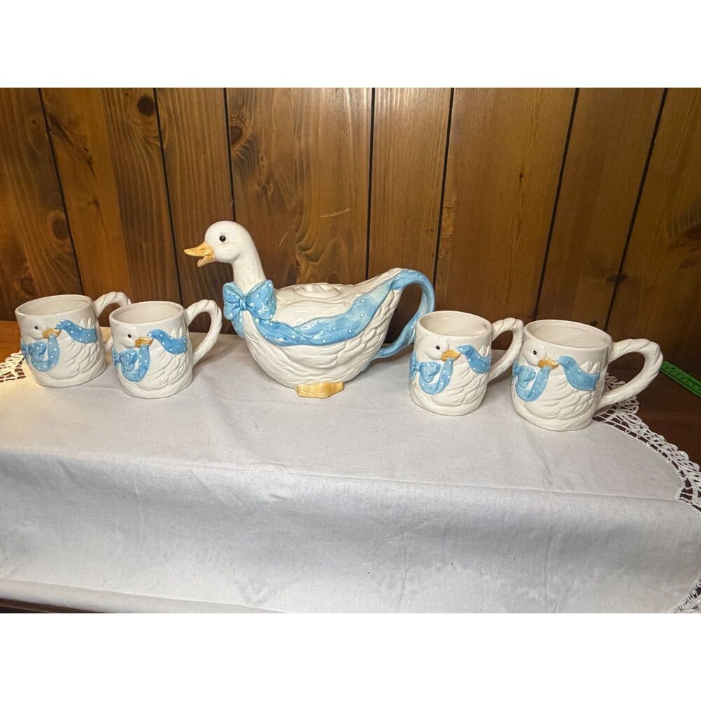 Vintage 1980s BHP @ NY Ceramic Goose / Duck Teapot & Mugs Set - 5 Piece